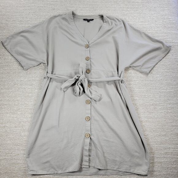 Velvet Hearts Shirt Dress Womens Large Cream Linen Blend Belted Button Down Mini - Picture 1 of 16